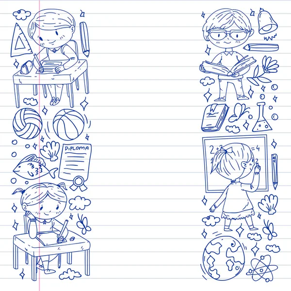 Okula dönelim. Çocuklar çevrimiçi eğitim. Kimya ve biyoloji. Coğrafya ve fizik. Yaratıcılık ve hayal gücü. E-öğrenme simgeleri.