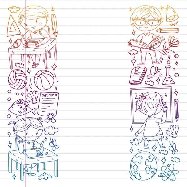 Okula dönelim. Çocuklar çevrimiçi eğitim. Kimya ve biyoloji. Coğrafya ve fizik. Yaratıcılık ve hayal gücü. E-öğrenme simgeleri.