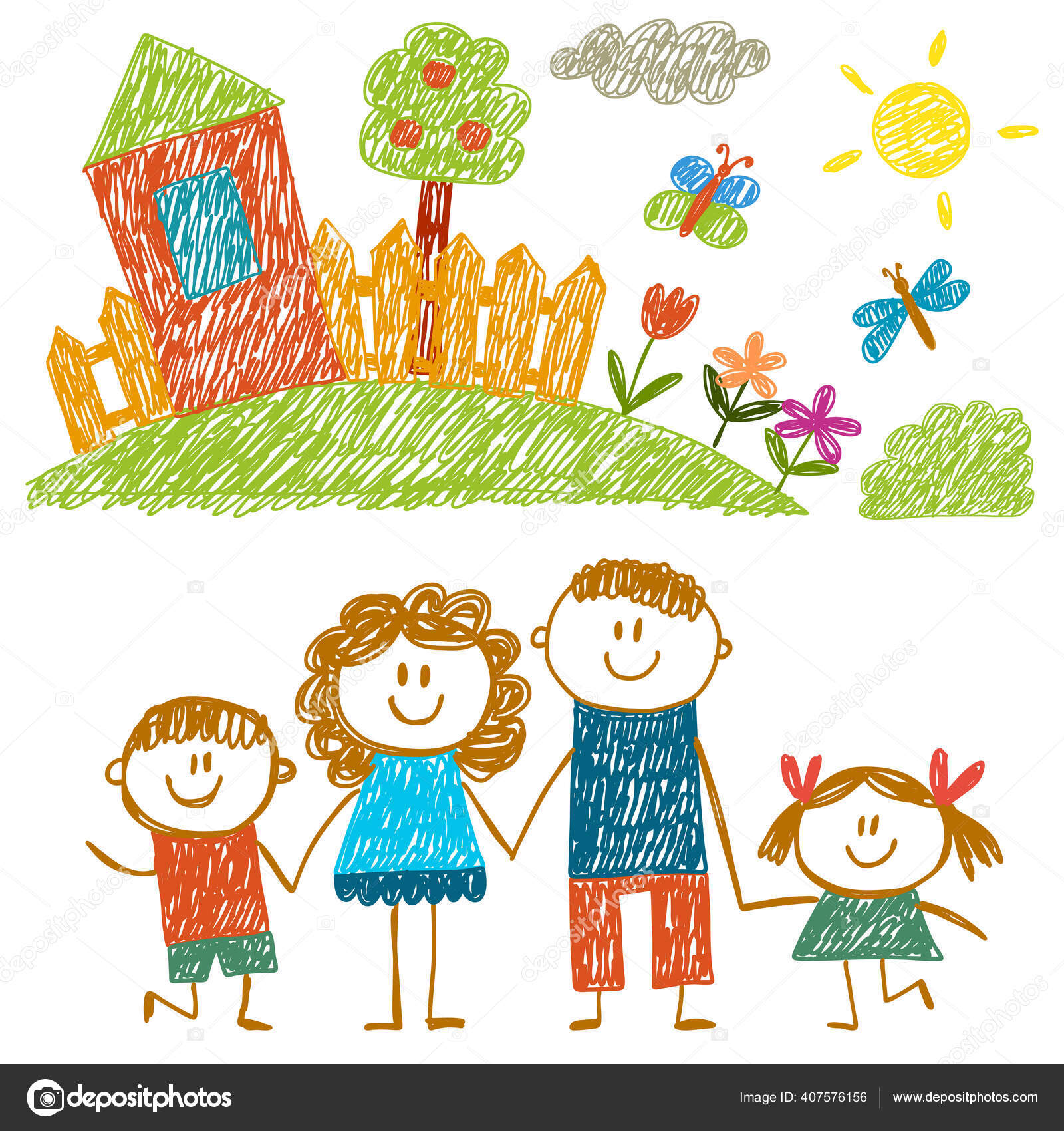 家で幸せな家族。子供の絵。幼稚園児イラスト。お母さん 家で幸せな家族。子供の絵。幼稚園児イラスト。お母さん