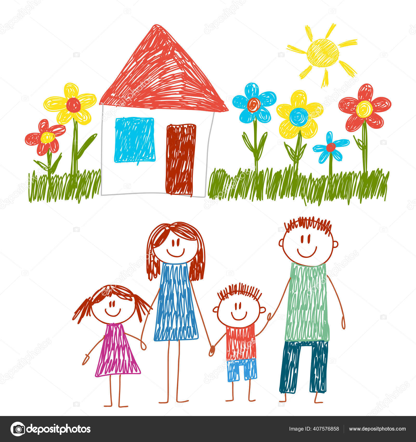 Family House Freehand Child Drawing Stock Illustration - Illustration of  windows, sketch: 35043512
