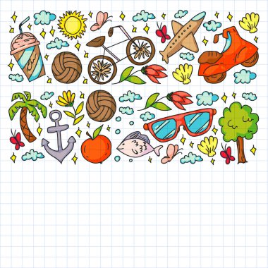 Düz tasarım stili modern vektör çizim simgeleri uçakla seyahat, yaz tatili, turizm ve seyahat nesneleri planlama.