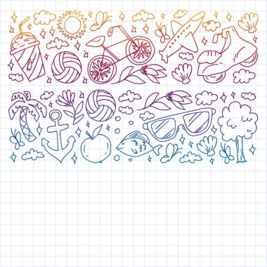 Düz tasarım stili modern vektör çizim simgeleri uçakla seyahat, yaz tatili, turizm ve seyahat nesneleri planlama.