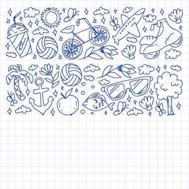 Düz tasarım stili modern vektör çizim simgeleri uçakla seyahat, yaz tatili, turizm ve seyahat nesneleri planlama.