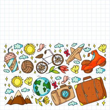 Düz tasarım stili modern vektör çizim simgeleri uçakla seyahat, yaz tatili, turizm ve seyahat nesneleri planlama.