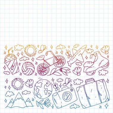 Düz tasarım stili modern vektör çizim simgeleri uçakla seyahat, yaz tatili, turizm ve seyahat nesneleri planlama.