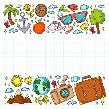 Düz tasarım stili modern vektör çizim simgeleri uçakla seyahat, yaz tatili, turizm ve seyahat nesneleri planlama.