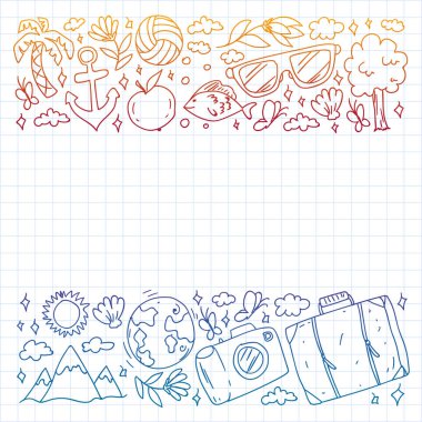 Düz tasarım stili modern vektör çizim simgeleri uçakla seyahat, yaz tatili, turizm ve seyahat nesneleri planlama.