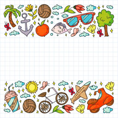 Düz tasarım stili modern vektör çizim simgeleri uçakla seyahat, yaz tatili, turizm ve seyahat nesneleri planlama.