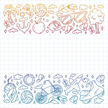 Düz tasarım stili modern vektör çizim simgeleri uçakla seyahat, yaz tatili, turizm ve seyahat nesneleri planlama.