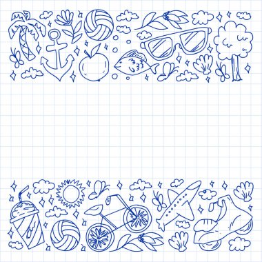 Düz tasarım stili modern vektör çizim simgeleri uçakla seyahat, yaz tatili, turizm ve seyahat nesneleri planlama.