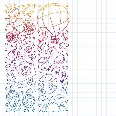 Düz tasarım stili modern vektör çizim simgeleri uçakla seyahat, yaz tatili, turizm ve seyahat nesneleri planlama.