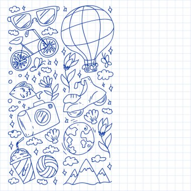 Düz tasarım stili modern vektör çizim simgeleri uçakla seyahat, yaz tatili, turizm ve seyahat nesneleri planlama.