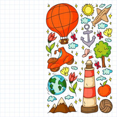 Düz tasarım stili modern vektör çizim simgeleri uçakla seyahat, yaz tatili, turizm ve seyahat nesneleri planlama.