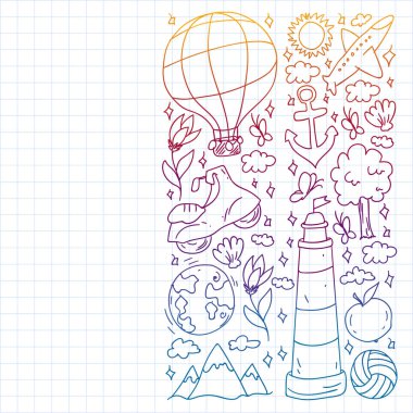 Düz tasarım stili modern vektör çizim simgeleri uçakla seyahat, yaz tatili, turizm ve seyahat nesneleri planlama.