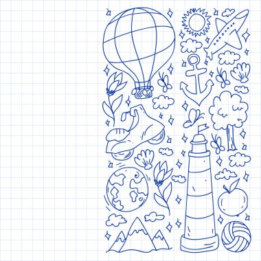 Düz tasarım stili modern vektör çizim simgeleri uçakla seyahat, yaz tatili, turizm ve seyahat nesneleri planlama.