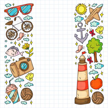 Düz tasarım stili modern vektör çizim simgeleri uçakla seyahat, yaz tatili, turizm ve seyahat nesneleri planlama.