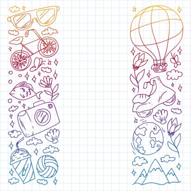 Düz tasarım stili modern vektör çizim simgeleri uçakla seyahat, yaz tatili, turizm ve seyahat nesneleri planlama.