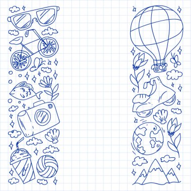 Düz tasarım stili modern vektör çizim simgeleri uçakla seyahat, yaz tatili, turizm ve seyahat nesneleri planlama.