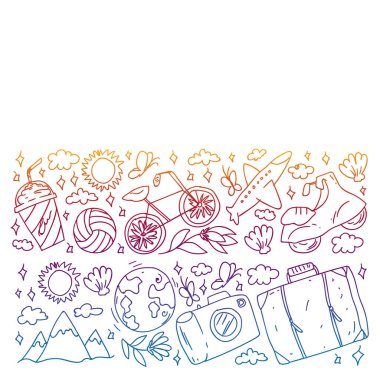 Düz tasarım stili modern vektör çizim simgeleri uçakla seyahat, yaz tatili, turizm ve seyahat nesneleri planlama.