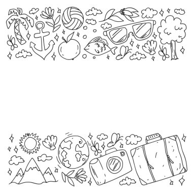 Düz tasarım stili modern vektör çizim simgeleri uçakla seyahat, yaz tatili, turizm ve seyahat nesneleri planlama.