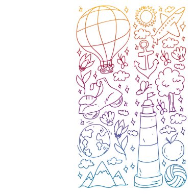 Düz tasarım stili modern vektör çizim simgeleri uçakla seyahat, yaz tatili, turizm ve seyahat nesneleri planlama.