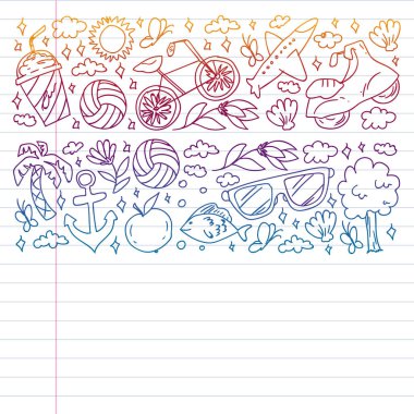 Düz tasarım stili modern vektör çizim simgeleri uçakla seyahat, yaz tatili, turizm ve seyahat nesneleri planlama.