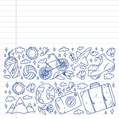 Düz tasarım stili modern vektör çizim simgeleri uçakla seyahat, yaz tatili, turizm ve seyahat nesneleri planlama.