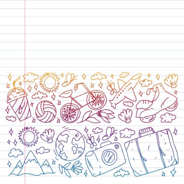 Düz tasarım stili modern vektör çizim simgeleri uçakla seyahat, yaz tatili, turizm ve seyahat nesneleri planlama.