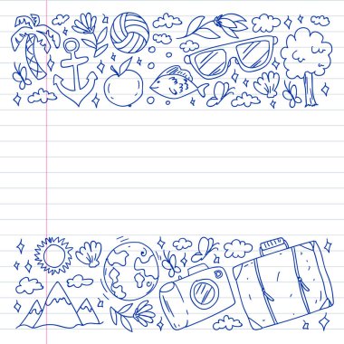 Düz tasarım stili modern vektör çizim simgeleri uçakla seyahat, yaz tatili, turizm ve seyahat nesneleri planlama.