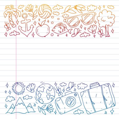 Düz tasarım stili modern vektör çizim simgeleri uçakla seyahat, yaz tatili, turizm ve seyahat nesneleri planlama.