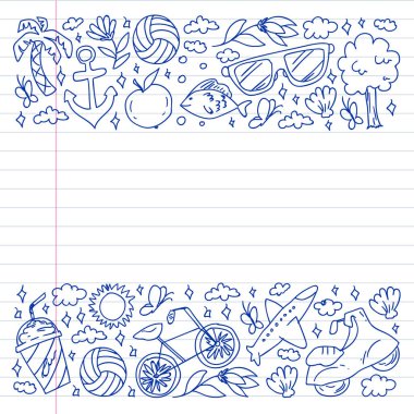 Düz tasarım stili modern vektör çizim simgeleri uçakla seyahat, yaz tatili, turizm ve seyahat nesneleri planlama.