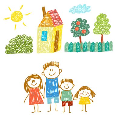 Evli mutlu bir aile. Çocuk resimleri. Anaokulu çocuk resimleri. Anne, baba, kız kardeş, erkek kardeş. Ebeveynler, çocukluk.