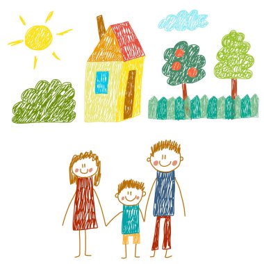 Evli mutlu bir aile. Çocuk resimleri. Anaokulu çocuk resimleri. Anne, baba, kız kardeş, erkek kardeş. Ebeveynler, çocukluk.