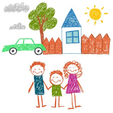 Evli mutlu bir aile. Çocuk resimleri. Anaokulu çocuk resimleri. Anne, baba, kız kardeş, erkek kardeş. Ebeveynler, çocukluk.