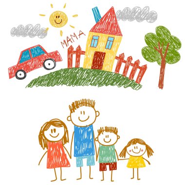 Evli mutlu bir aile. Çocuk resimleri. Anaokulu çocuk resimleri. Anne, baba, kız kardeş, erkek kardeş. Ebeveynler, çocukluk.