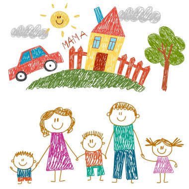 Evli mutlu bir aile. Çocuk resimleri. Anaokulu çocuk resimleri. Anne, baba, kız kardeş, erkek kardeş. Ebeveynler, çocukluk.