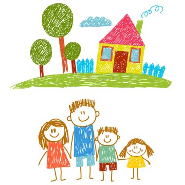 Evli mutlu bir aile. Çocuk resimleri. Anaokulu çocuk resimleri. Anne, baba, kız kardeş, erkek kardeş. Ebeveynler, çocukluk.