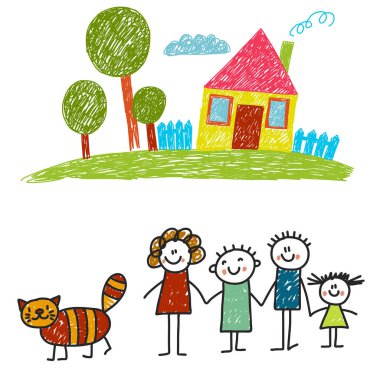 Evli mutlu bir aile. Çocuk resimleri. Anaokulu çocuk resimleri. Anne, baba, kız kardeş, erkek kardeş. Ebeveynler, çocukluk.