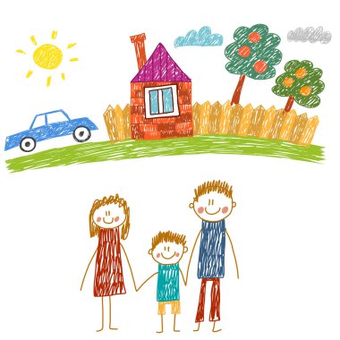 Evli mutlu bir aile. Çocuk resimleri. Anaokulu çocuk resimleri. Anne, baba, kız kardeş, erkek kardeş. Ebeveynler, çocukluk.