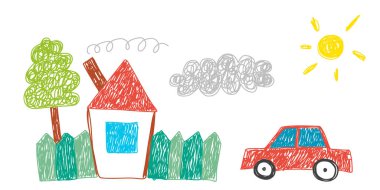 Çocuk çizimi. Çocukların çizim tarzı. Büyük bir aile evi. Boya kalemi vektör çizimi.