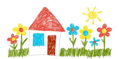 Çocuk çizimi. Çocukların çizim tarzı. Büyük bir aile evi. Boya kalemi vektör çizimi.