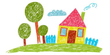 Çocuk çizimi. Çocukların çizim tarzı. Büyük bir aile evi. Boya kalemi vektör çizimi.