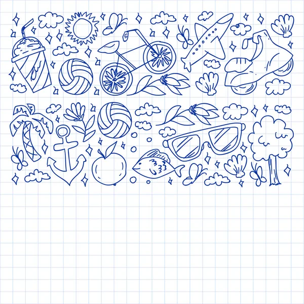 Düz tasarım stili modern vektör çizim simgeleri uçakla seyahat, yaz tatili, turizm ve seyahat nesneleri planlama.