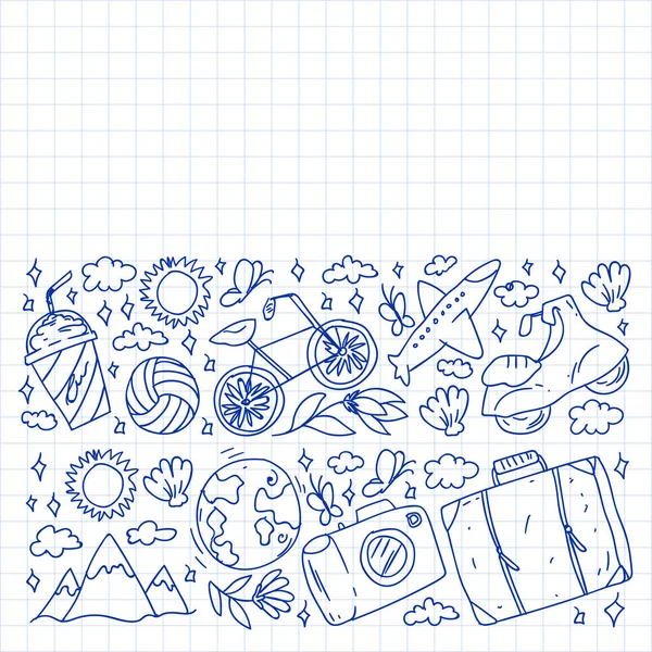 Düz tasarım stili modern vektör çizim simgeleri uçakla seyahat, yaz tatili, turizm ve seyahat nesneleri planlama.