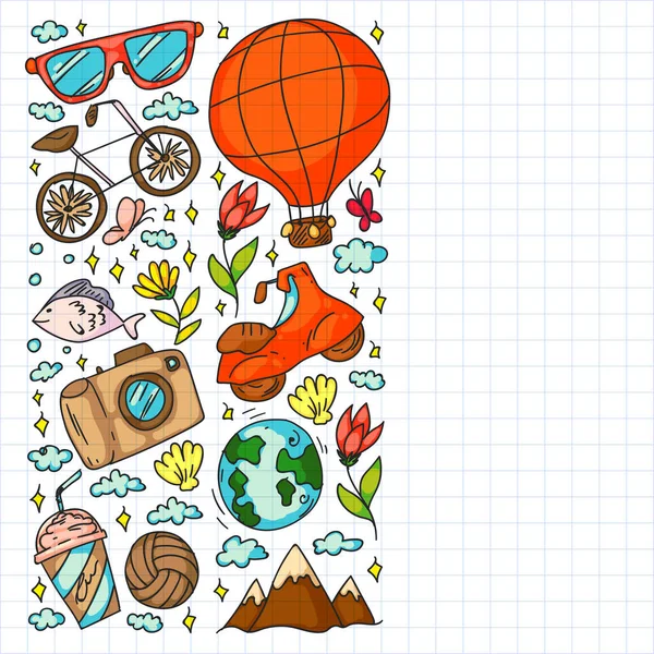 Düz tasarım stili modern vektör çizim simgeleri uçakla seyahat, yaz tatili, turizm ve seyahat nesneleri planlama.