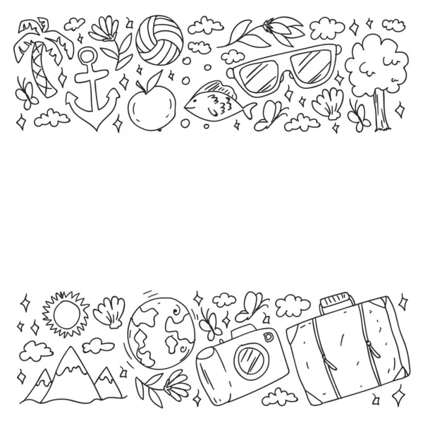 Düz tasarım stili modern vektör çizim simgeleri uçakla seyahat, yaz tatili, turizm ve seyahat nesneleri planlama.