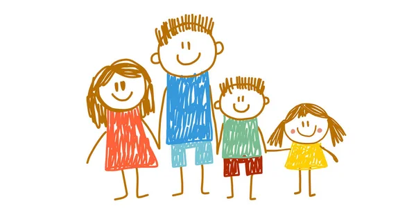 Feliz retrato familiar. Familia feliz con sonrisa alegre. Madre, padre, hermana, hermano. Estilo de dibujo de niños. Ilustración vectorial niños pequeños. — Vector de stock