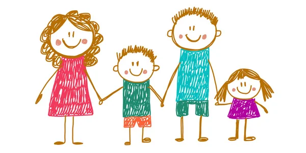 Mutlu aile fotoğrafı. Neşeli gülüşü olan mutlu bir aile. Anne, baba, kız kardeş, erkek kardeş. Çocukların çizim tarzı. Küçük çocuklar vektör illüstrasyonu. — Stok Vektör
