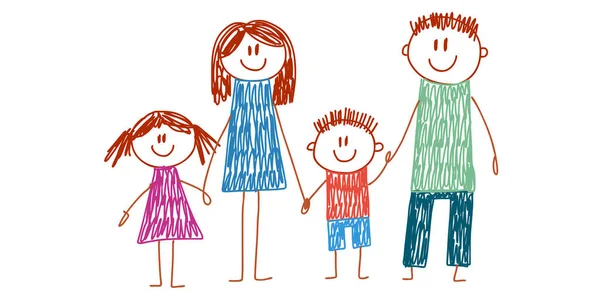 幸せな家族の肖像画。明るい笑顔で幸せな家族。お母さん、お父さん、お姉さん、お兄さん。子供の絵のスタイル。小さな子供のベクトル図. — ストックベクタ