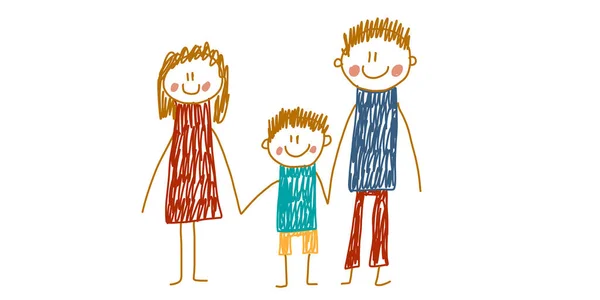 Felice ritratto di famiglia. Famiglia felice con sorriso allegro. Madre, padre, sorella, fratello. Stile di disegno dei bambini. Illustrazione vettoriale bambini piccoli. — Vettoriale Stock